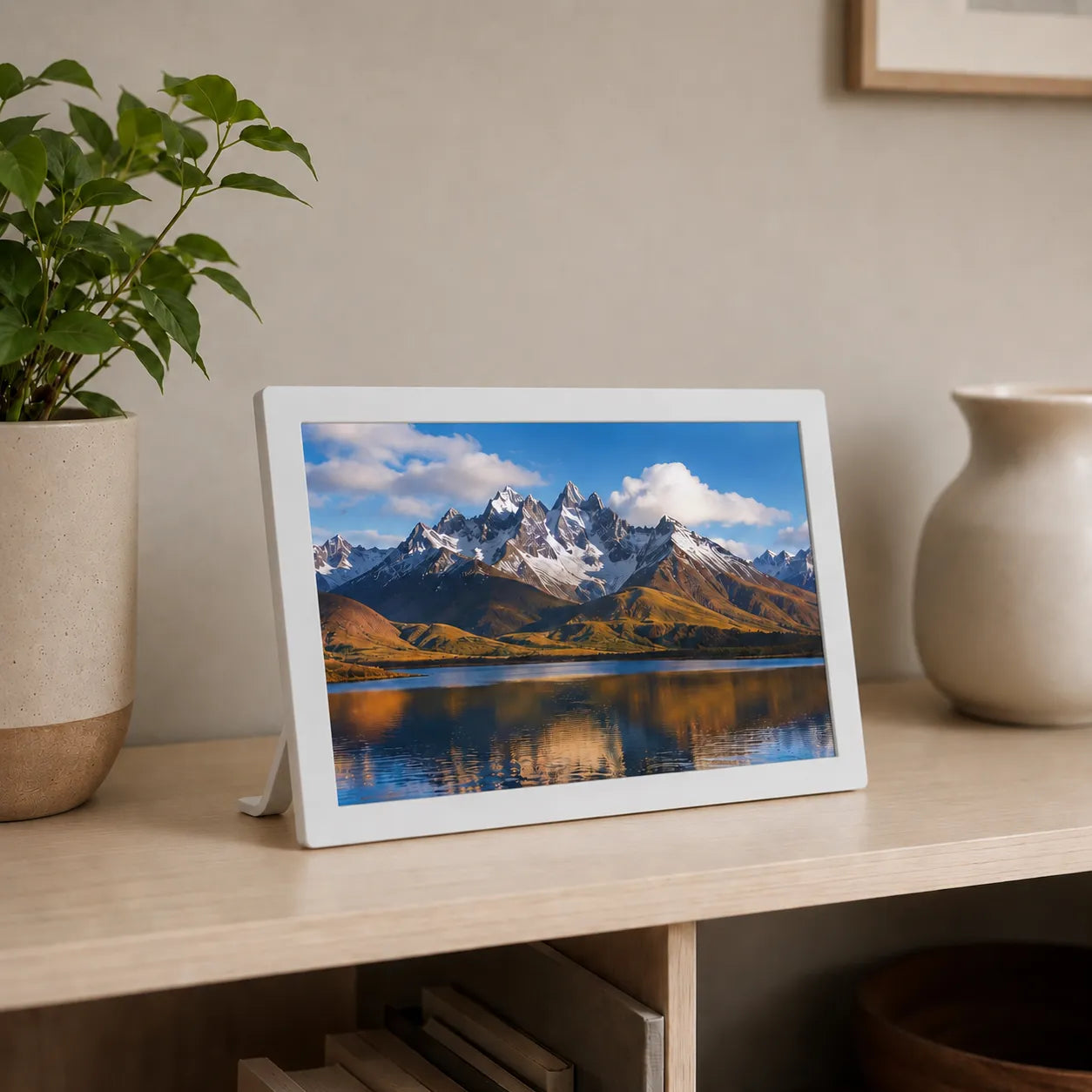 Pintura 10.1-inch cordless WiFi digital photo frame styled on a shelf with a mountain landscape and no visible power cord