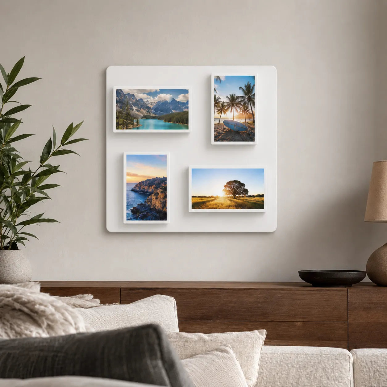 Living room scene with Pintura digital photo frame displaying travel and landscape memories as modern home decor