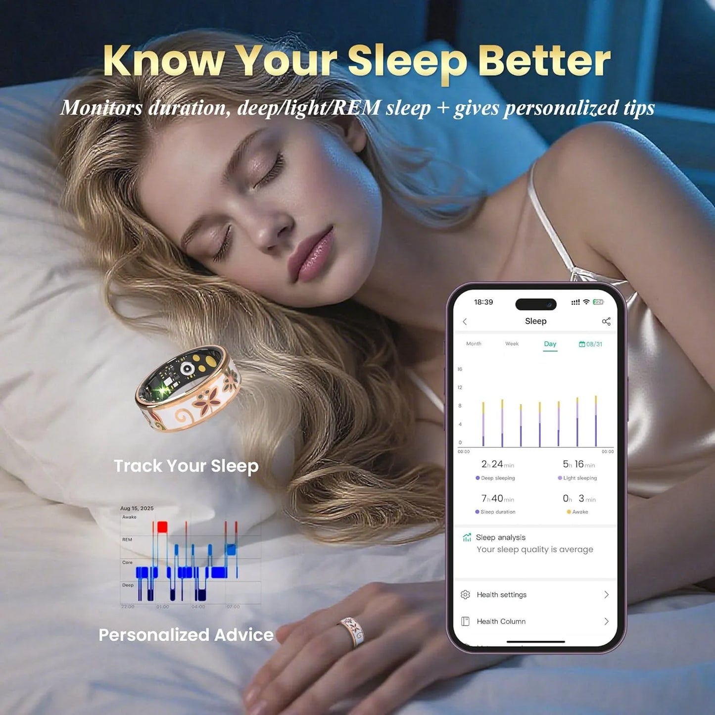 Artisan Enamel Smart Ring for Women | Rose Gold Health & Sleep Tracker | No Monthly Fees