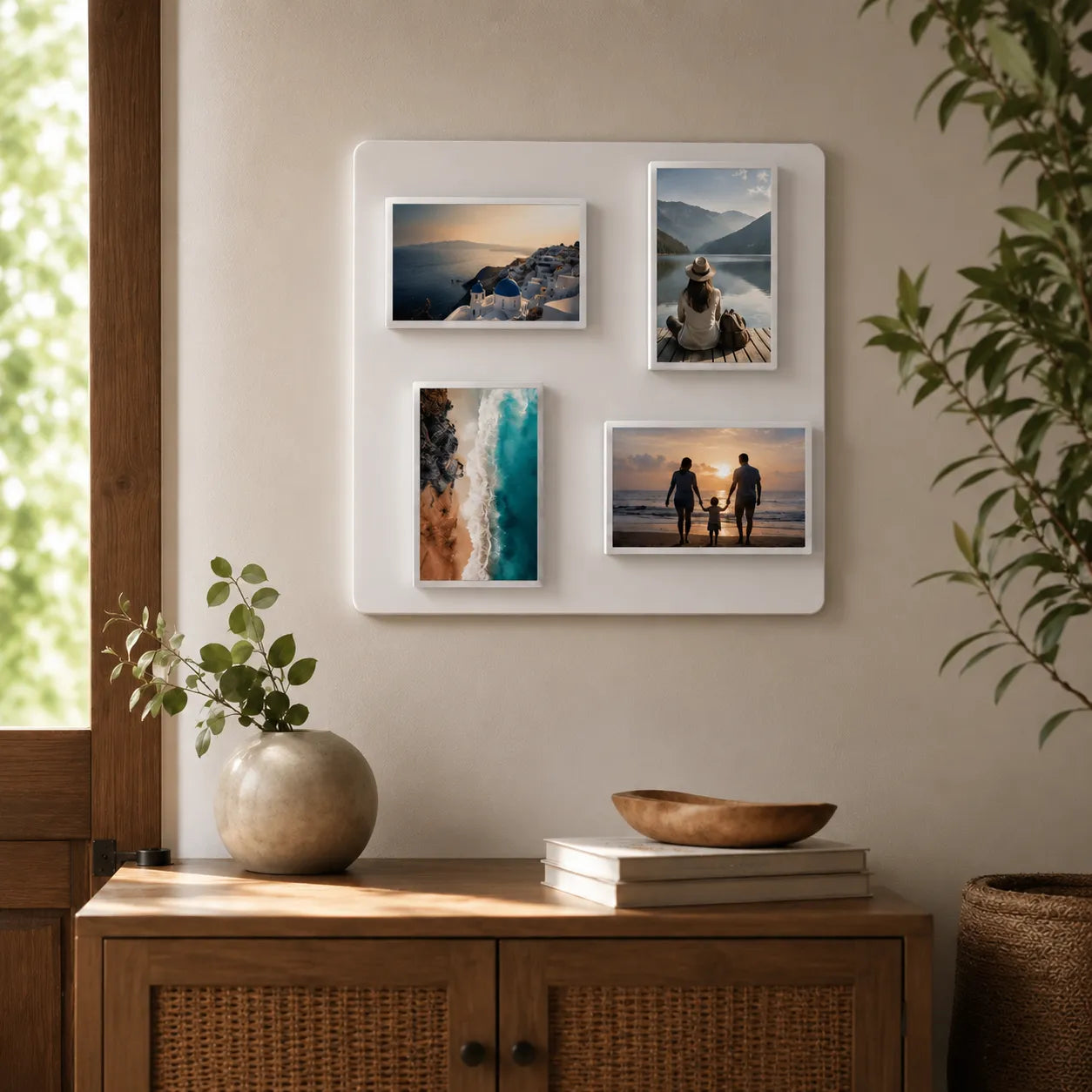 Pintura digital photo frame arranged as a changeable photo wall above a sideboard in a modern home