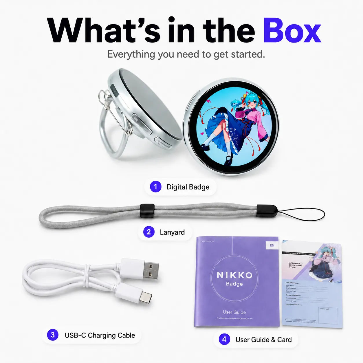 Smart digital badge kit including the badge, lanyard, USB-C charging cable, user guide, and card.