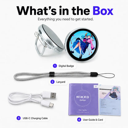 Smart digital badge kit including the badge, lanyard, USB-C charging cable, user guide, and card.