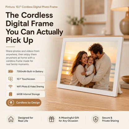 Pintura 10.1-inch cordless Wi-Fi digital photo frame showing a happy family on the beach, with key specifications listed on the left.