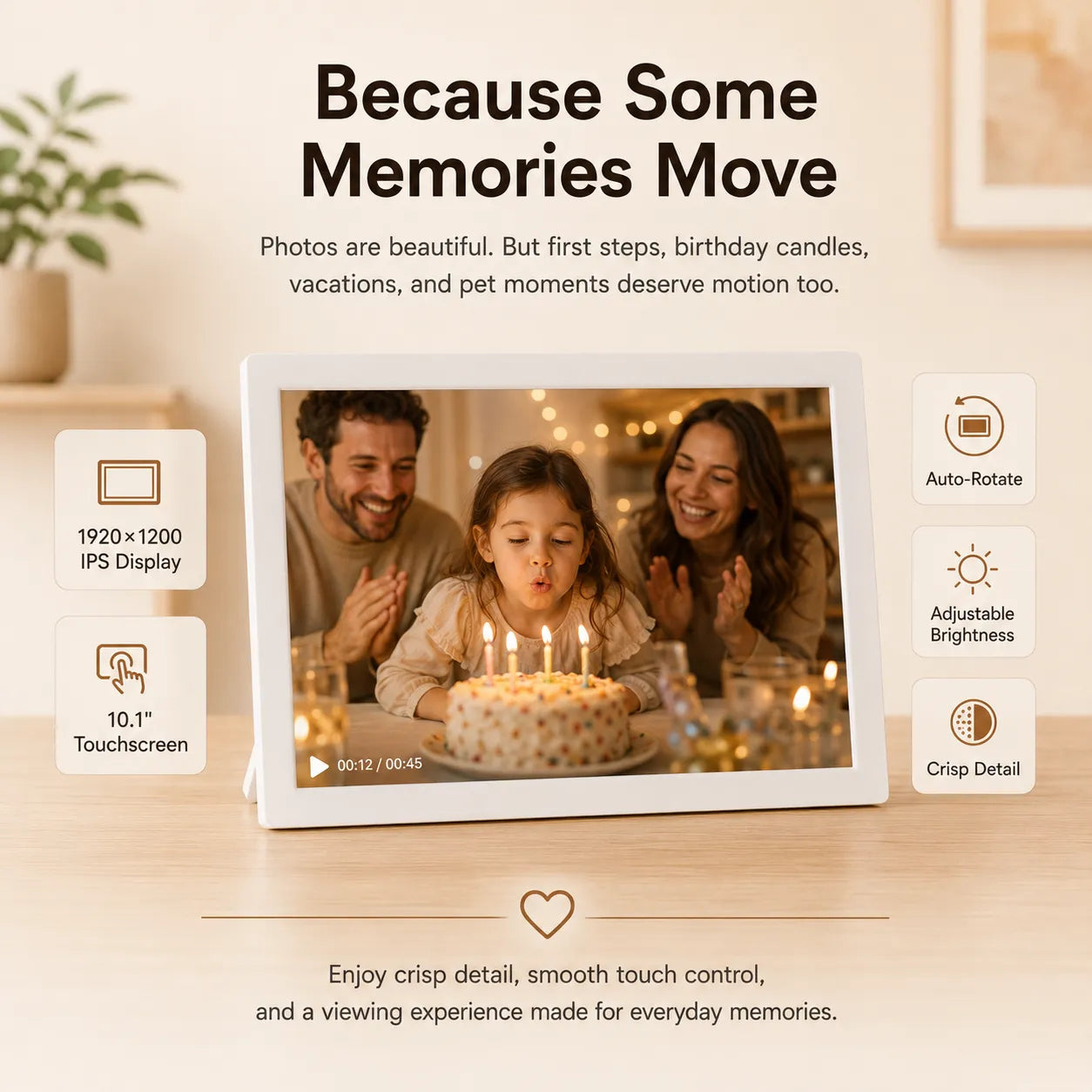 The Pintura 10.1-inch Wi-Fi digital frame playing a video of a little girl blowing out birthday candles, highlighting its touchscreen and IPS display.