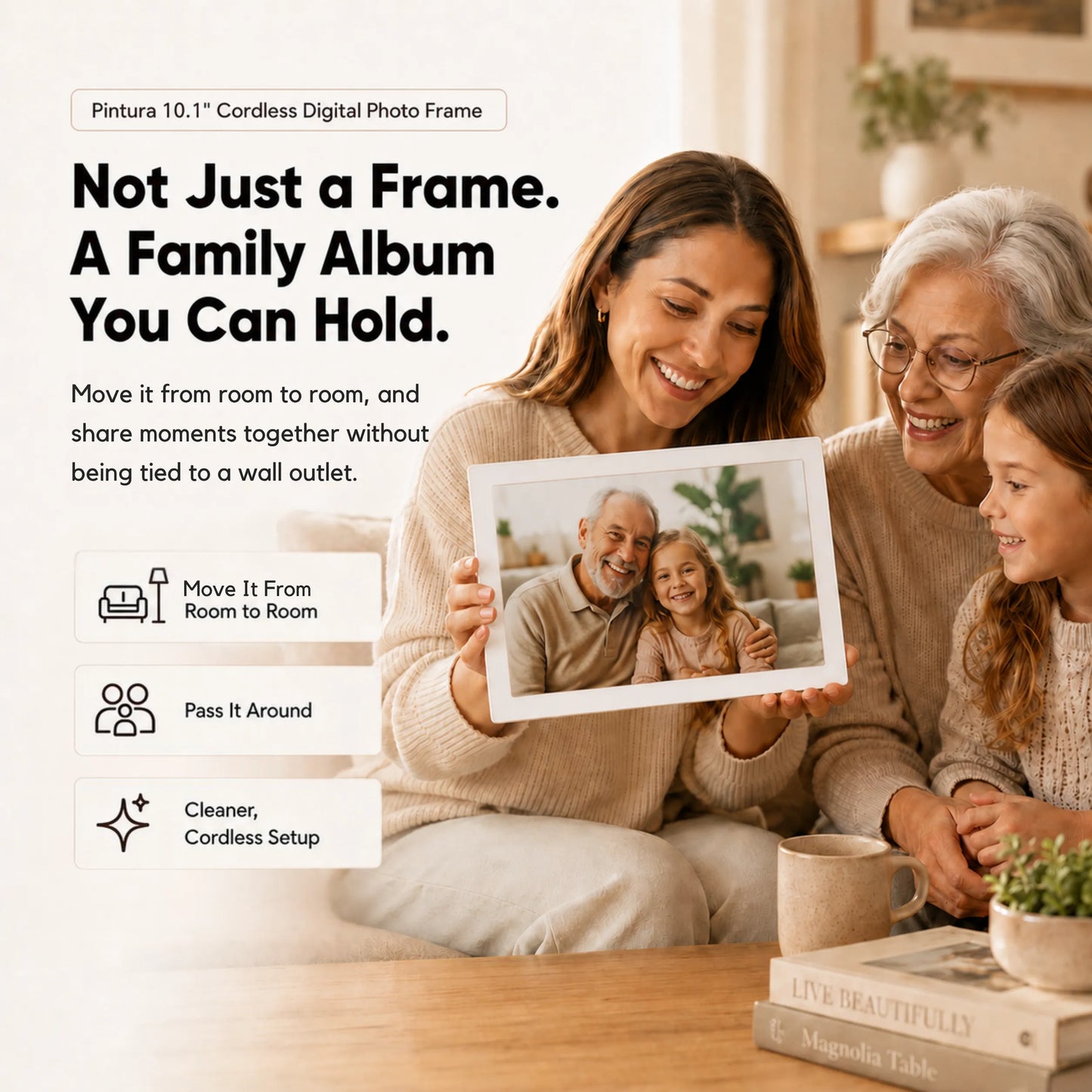 Three generations of a family—grandmother, mother, and child—holding and looking at the Pintura cordless digital photo frame together.
