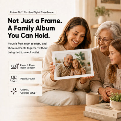 Three generations of a family—grandmother, mother, and child—holding and looking at the Pintura cordless digital photo frame together.