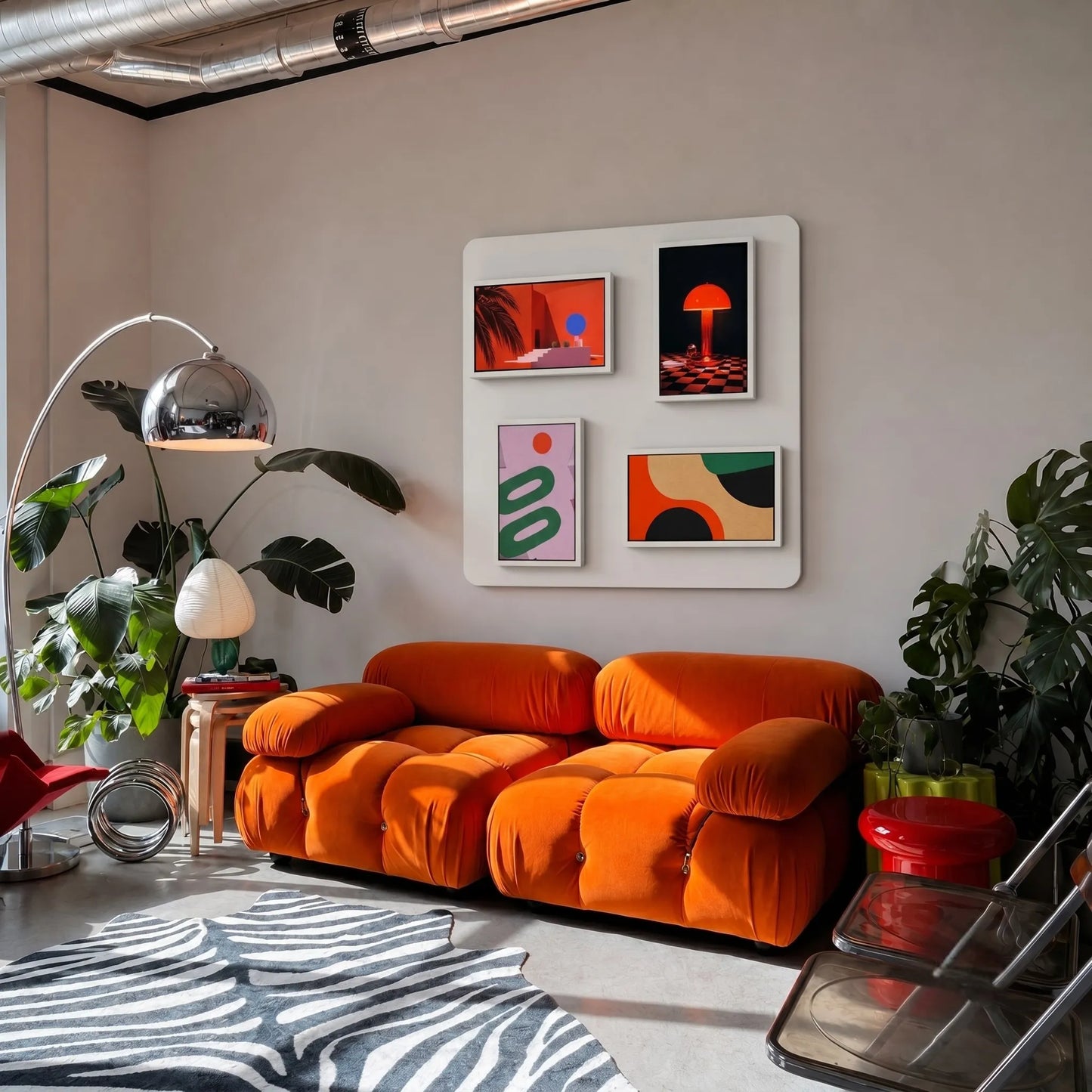 Pintura smart gallery wall system displaying colorful abstract art in a modern living room with an orange sofa.