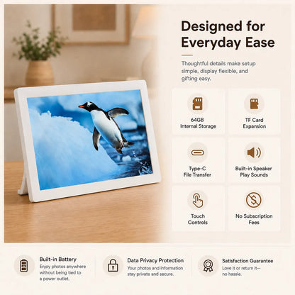 A comprehensive features grid for the Pintura digital photo frame, detailing 64GB storage, Type-C transfer, and no subscription fees.