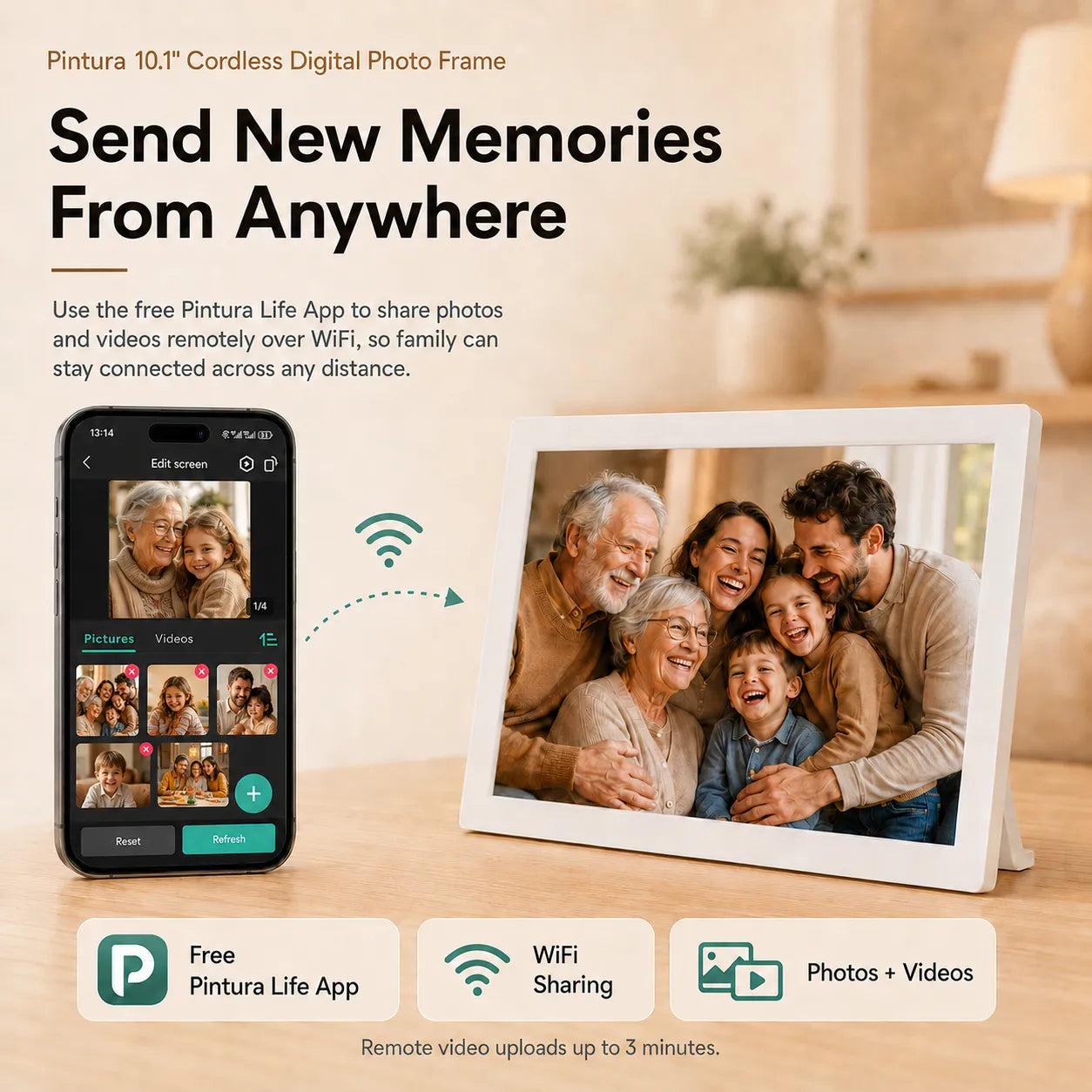 A smartphone displaying the Pintura Life App next to the digital frame, showing how to send photos and videos remotely over Wi-Fi.