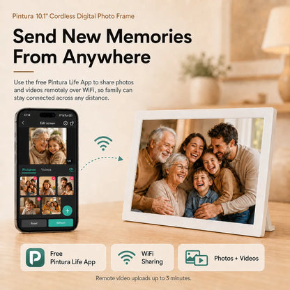 A smartphone displaying the Pintura Life App next to the digital frame, showing how to send photos and videos remotely over Wi-Fi.