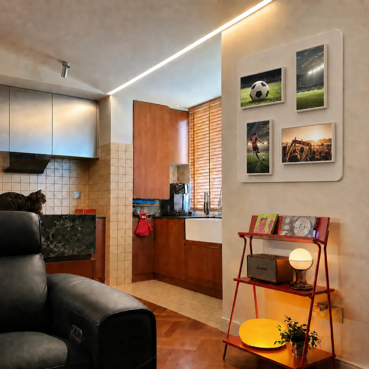 Pintura modular digital displays showing sports photos on a modern apartment wall.