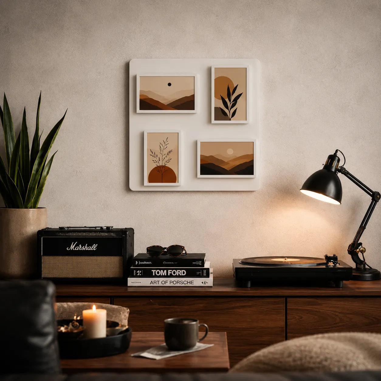 Pintura smart gallery wall system showcasing bohemian abstract art in a cozy interior setup.