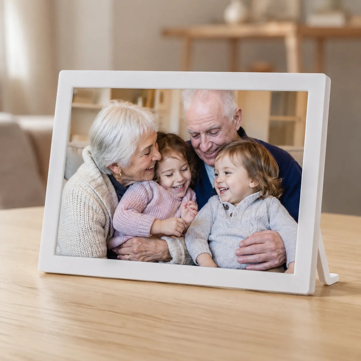 A white Pintura digital photo frame standing on a wooden tabletop, displaying a warm family photo of grandparents cuddling and laughing with their two young grandchildren.