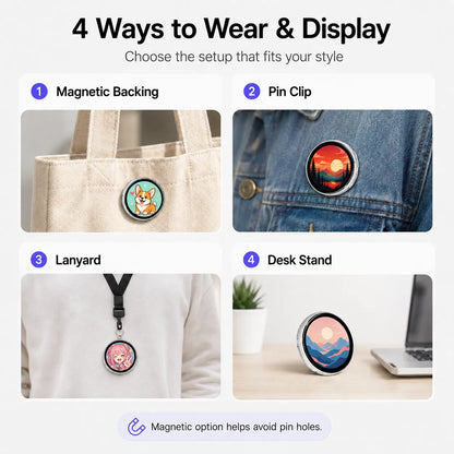 Four ways to wear and display the smart Bluetooth badge, including magnetic backing, pin clip, lanyard and desk stand.
