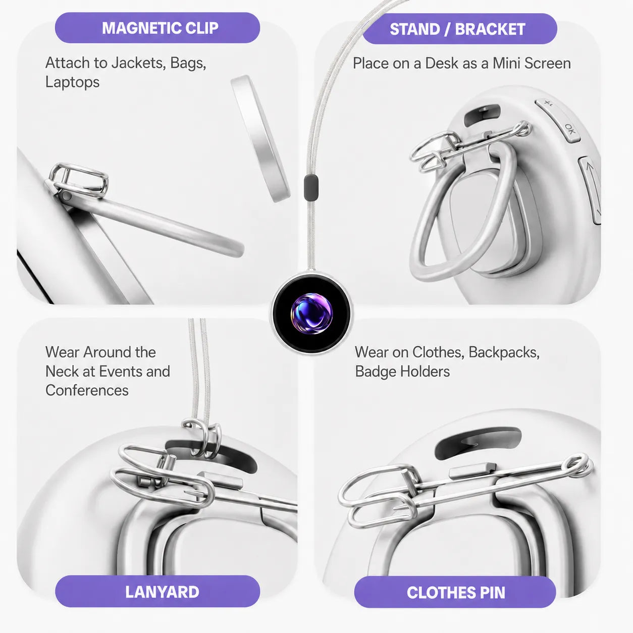 Four ways to wear and display the smart Bluetooth badge, including magnetic backing, pin clip, lanyard and desk stand.