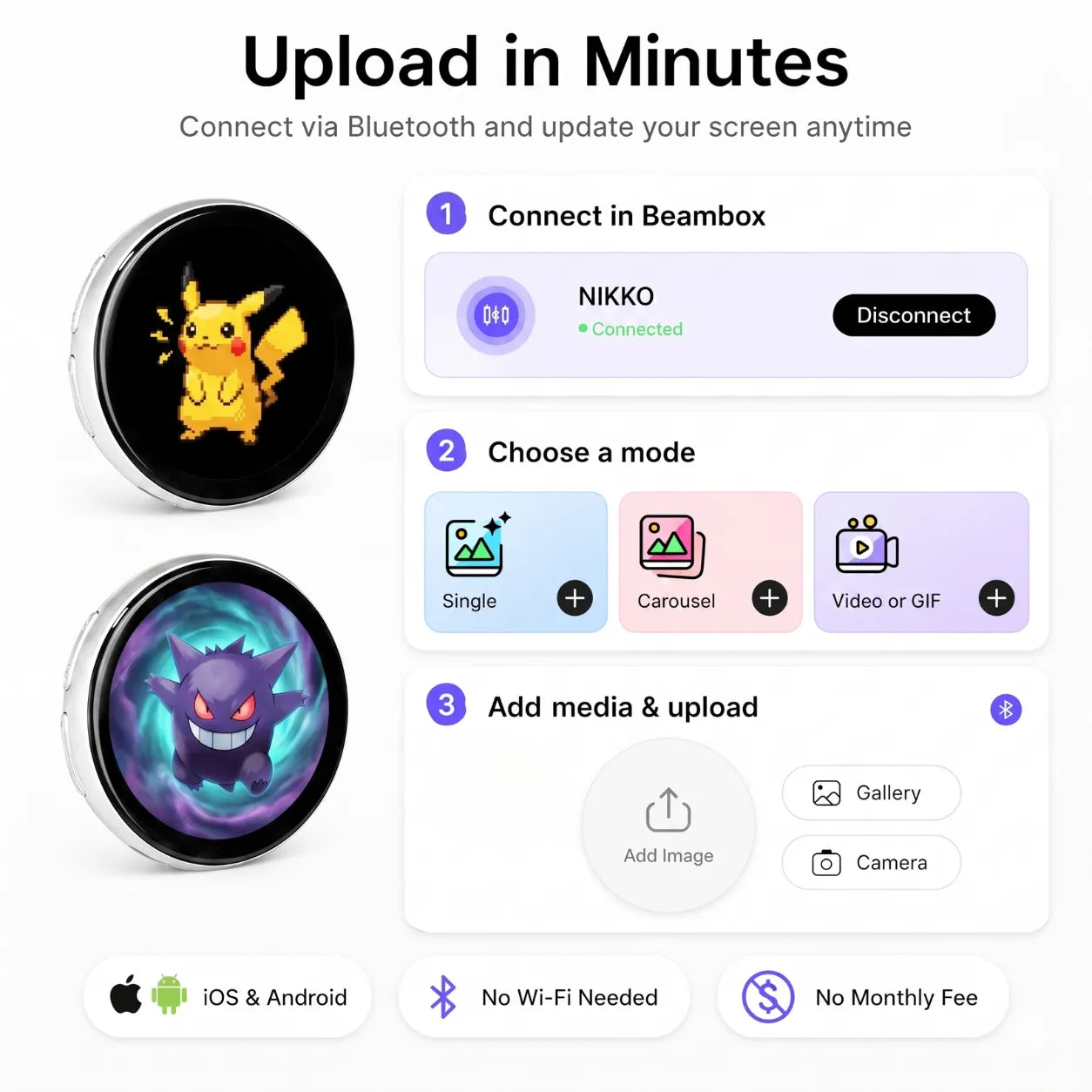 Beambox app guide showing how to connect the smart Bluetooth badge and upload photos, GIFs or videos wirelessly.