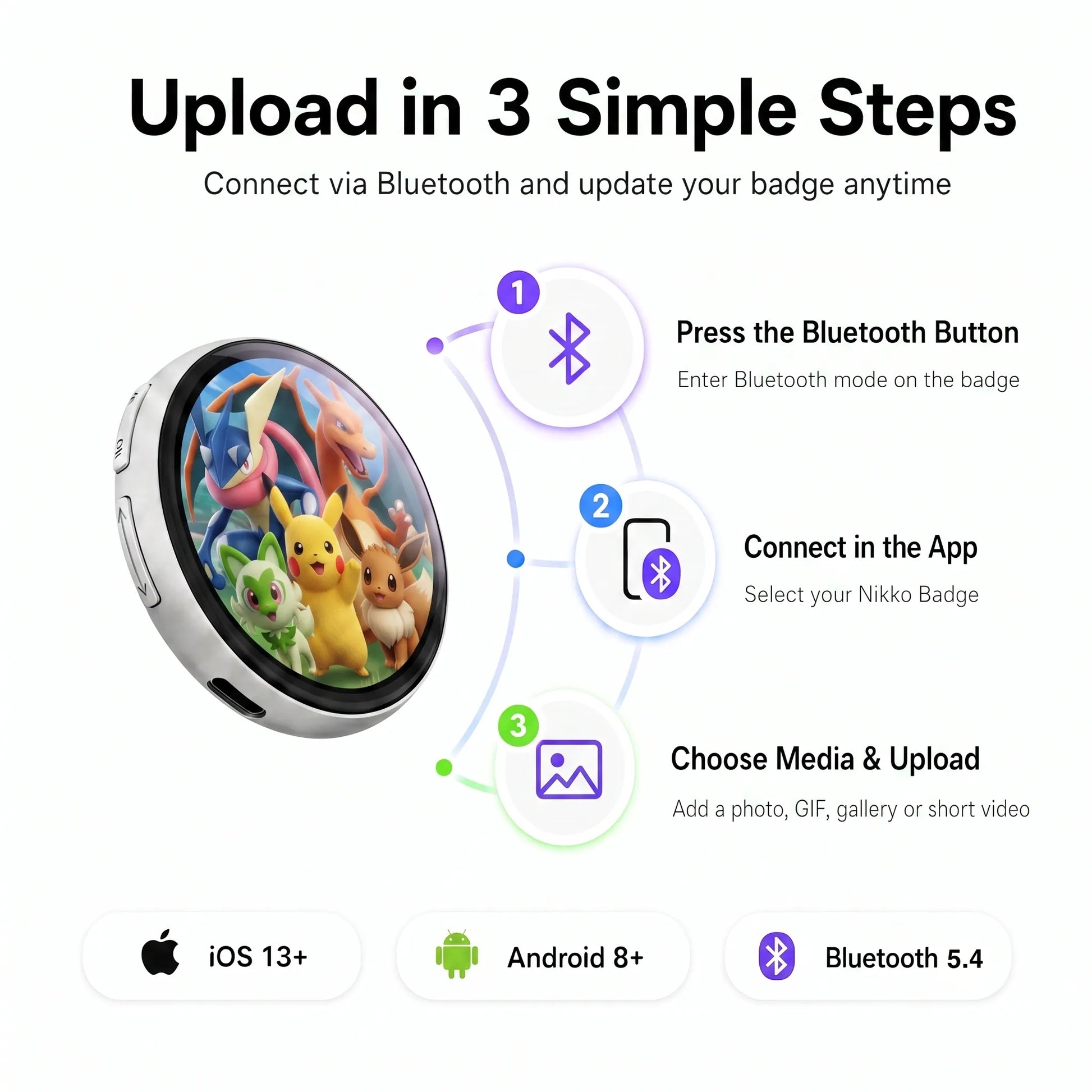 Beambox app guide showing how to connect the smart Bluetooth badge and upload photos, GIFs or videos wirelessly.