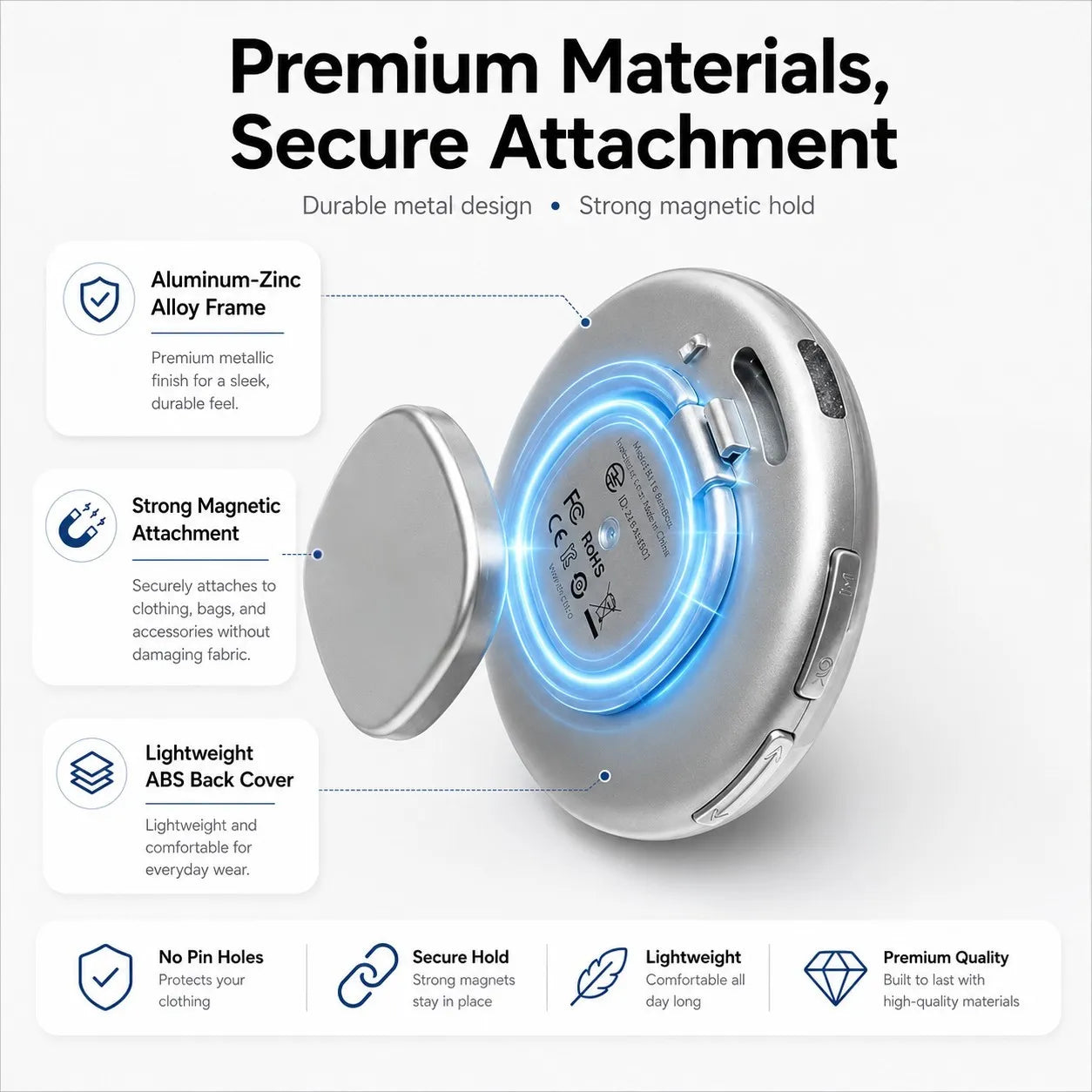 Smart Bluetooth Badge magnetic attachment design with aluminum-zinc alloy frame, lightweight back cover and no pin holes for clothing.