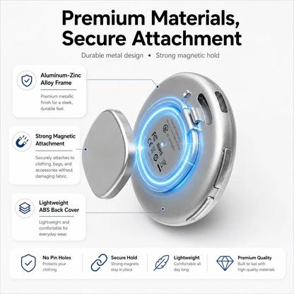 Smart Bluetooth Badge magnetic attachment design with aluminum-zinc alloy frame, lightweight back cover and no pin holes for clothing.