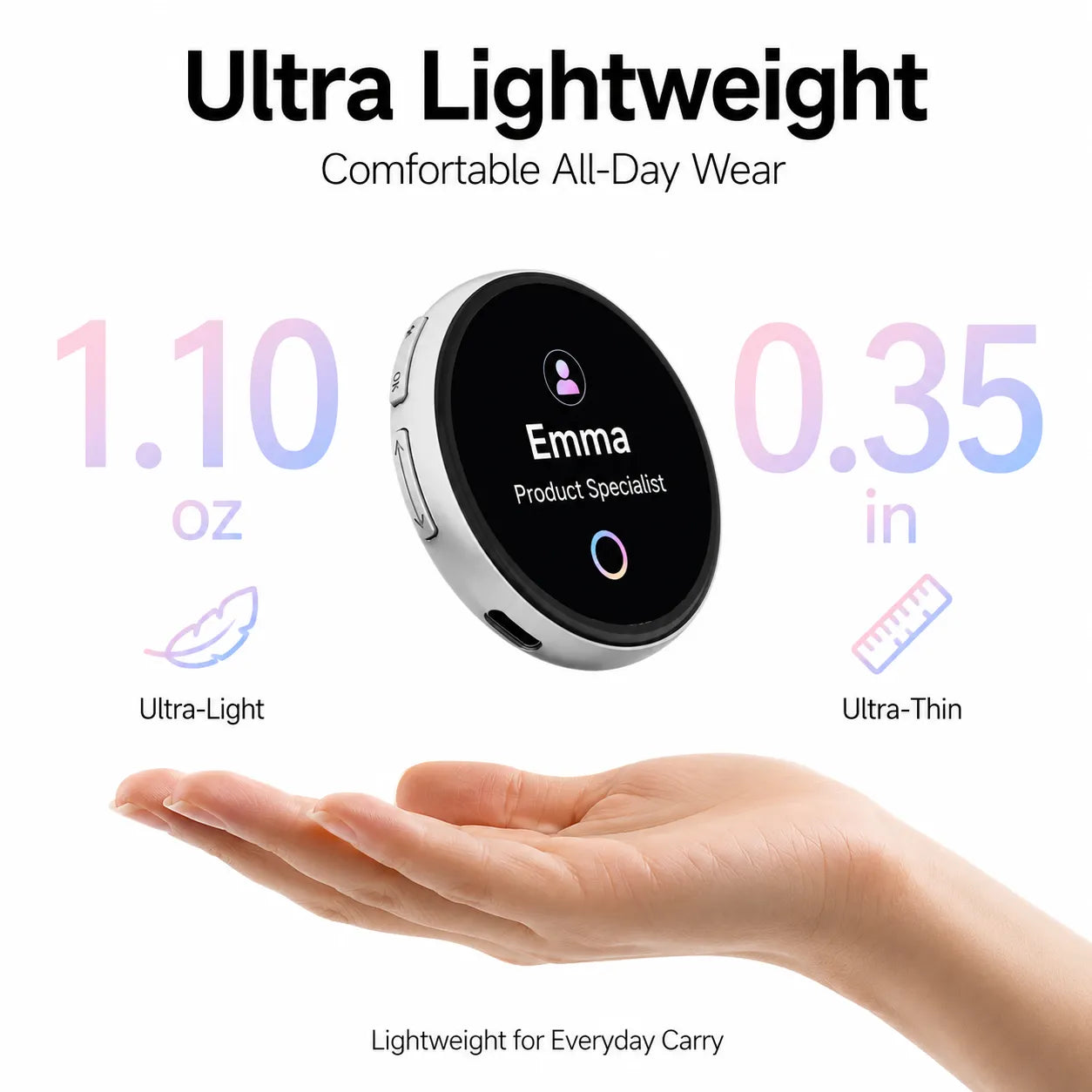Smart Bluetooth Badge magnetic attachment design with aluminum-zinc alloy frame, lightweight back cover and no pin holes for clothing.
