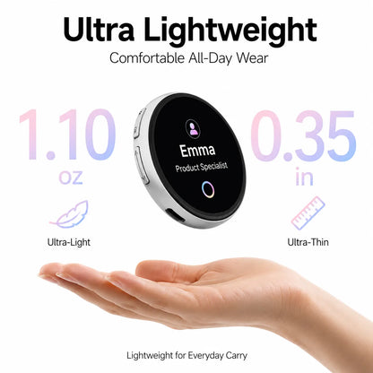 Smart Bluetooth Badge magnetic attachment design with aluminum-zinc alloy frame, lightweight back cover and no pin holes for clothing.