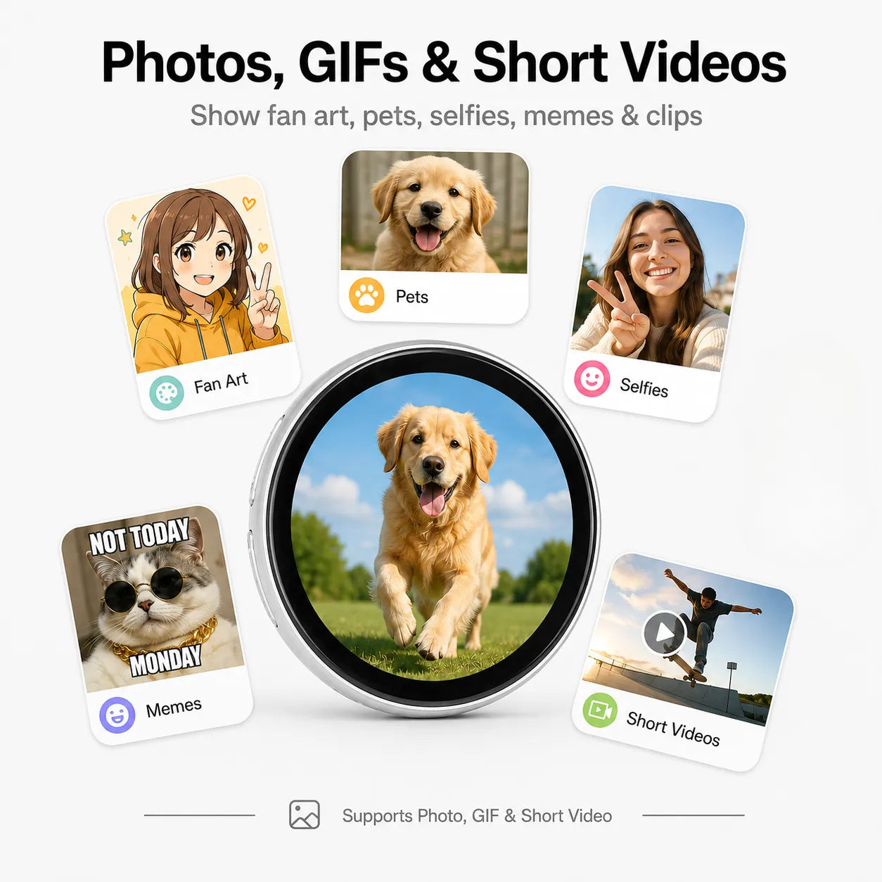 Smart Bluetooth Badge supports photos, GIFs, memes, fan art, pet images and short videos on a 1.81 inch round display.