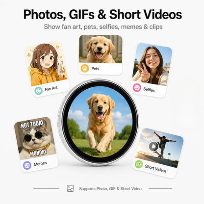 Smart Bluetooth Badge supports photos, GIFs, memes, fan art, pet images and short videos on a 1.81 inch round display.