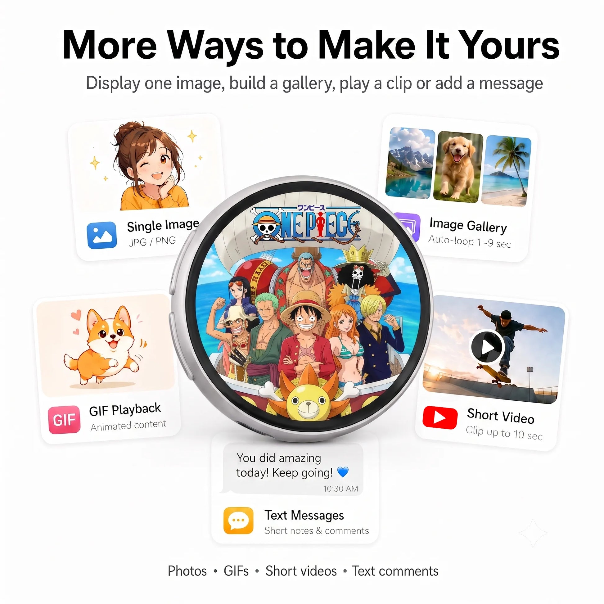 Smart Bluetooth Badge supports photos, GIFs, memes, fan art, pet images and short videos on a 1.85 inch round display.