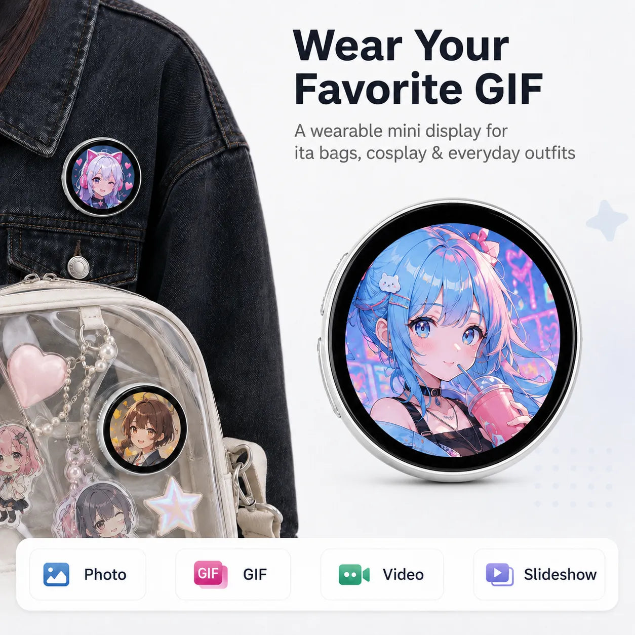 Smart Bluetooth Badge GIF Player worn on a denim jacket and ita bag, displaying custom anime GIF artwork.