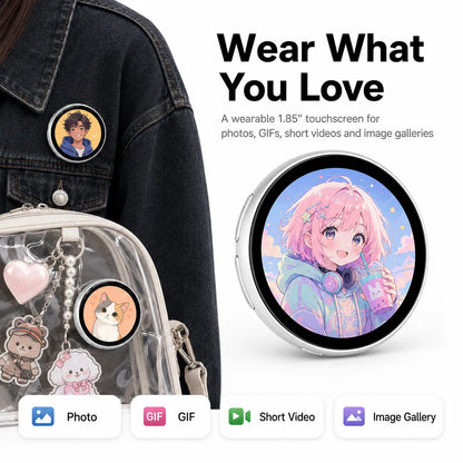 Smart Bluetooth Badge GIF Player worn on a denim jacket and ita bag, displaying custom anime GIF artwork.